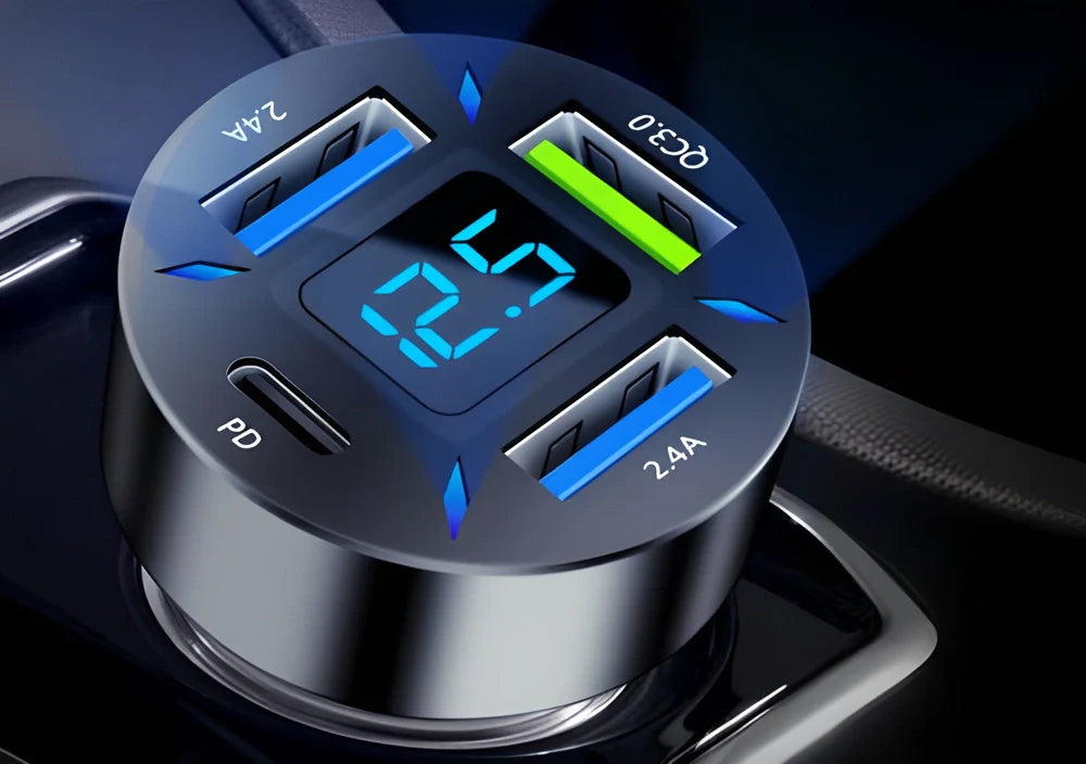 Super fast 66W USB car charger with PD quick charge port for rapid multi-device charging during road trips