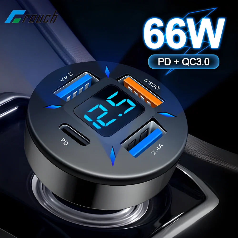 Super fast 66W USB car charger with PD quick charge port for rapid multi-device charging during road trips