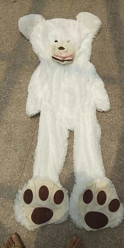 Colossal plush teddy bear in various sizes and colors, including light brown, dark brown, gray, white, pink, and purple