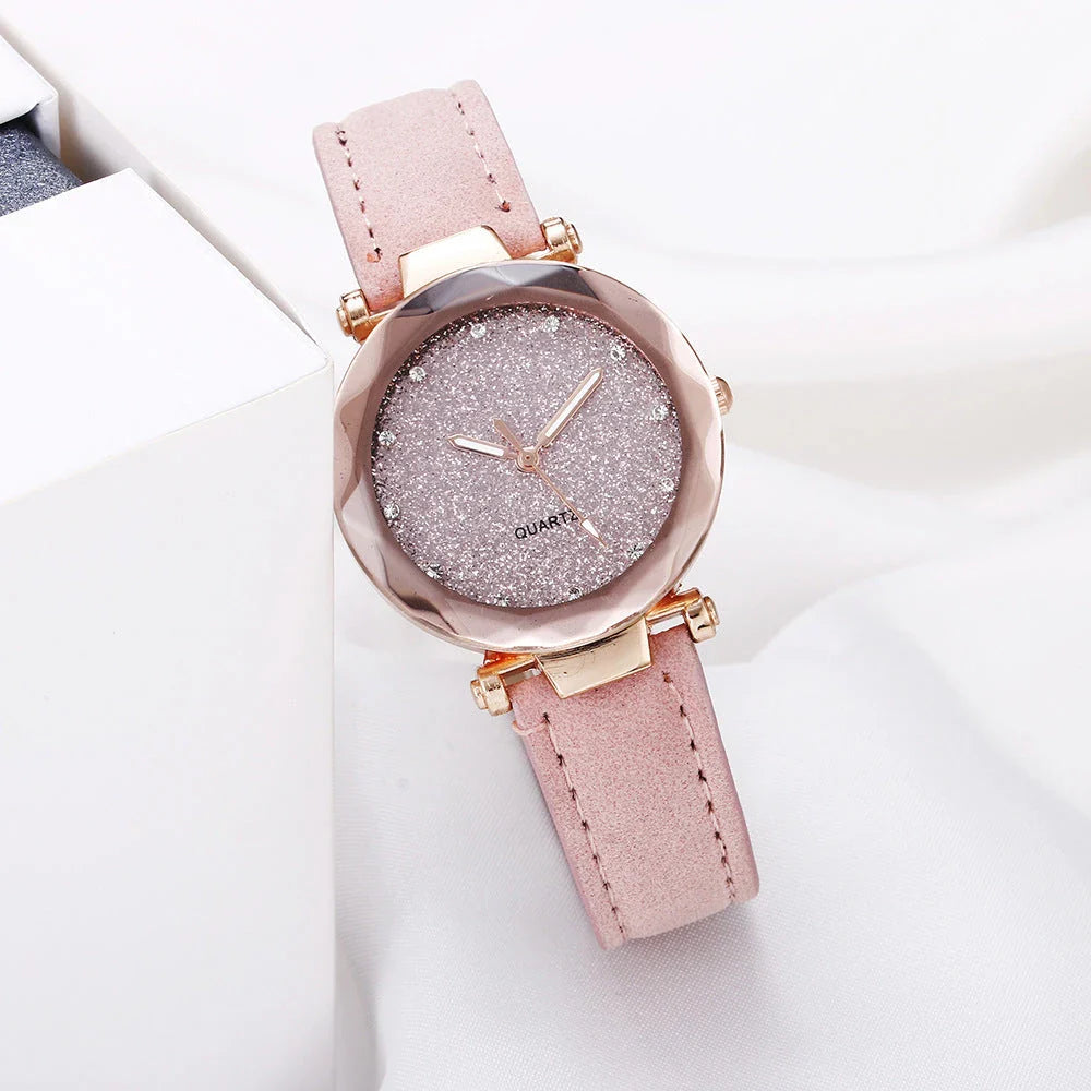 Starry Sky Women's Watch with Rhinestone Accents - Leather Strap in Various Colors