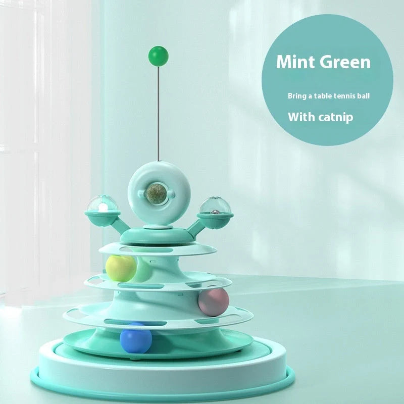 Interactive 4-level cat toy tower with turntable and roller balls in vibrant colours