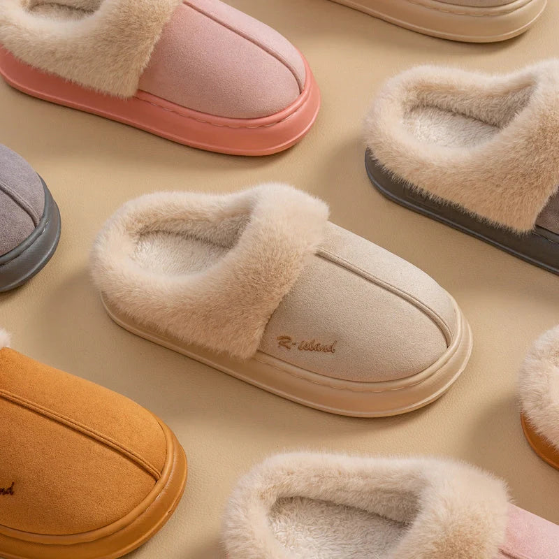 Cosy, fluffy cotton slippers in a variety of colours, featuring non-slip soles for indoor and outdoor wear
