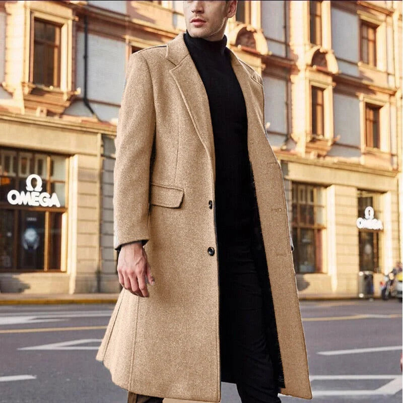 Premium woollen men's trench coat in a range of sophisticated colours, featuring a timeless British design and high-quality construction.