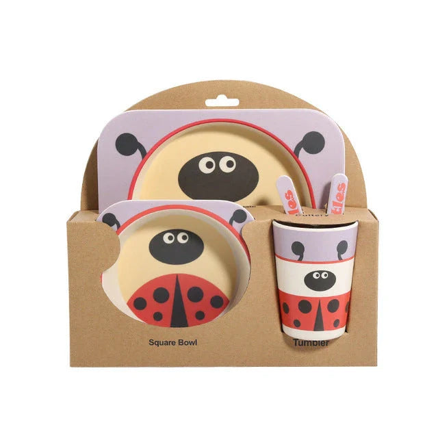Five-piece bamboo fibre children's tableware set with plates, bowls, cups, spoons, and forks in various animal-themed designs
