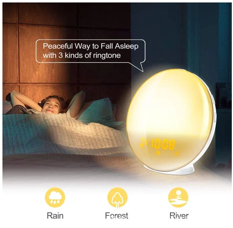 Natural wake-up light alarm clock with soothing nature sounds and customisable ambient lighting
