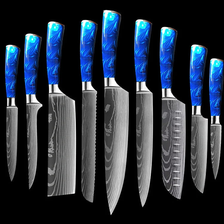 Premium 8-inch Chef Knife with elegant blue resin handle and stainless steel blade