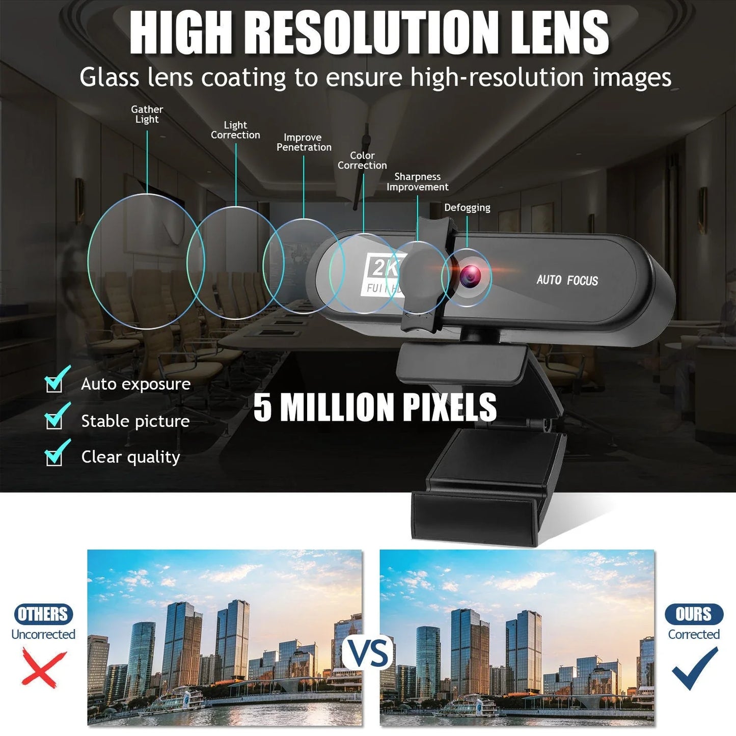 Premium 4K auto-focus webcam with dual stereo microphones for clear video and audio quality