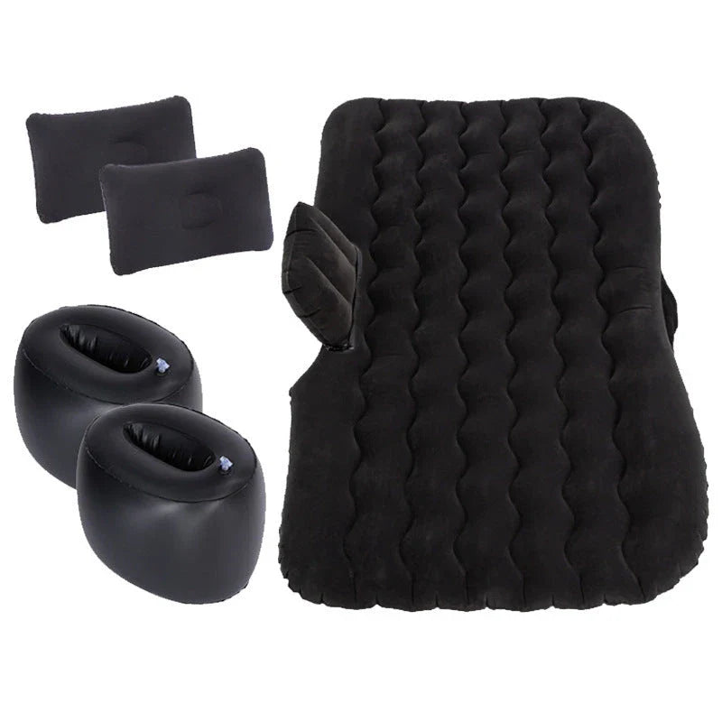 Inflatable car mattress with pillows in various colors, perfect for comfortable road trips and outdoor adventures
