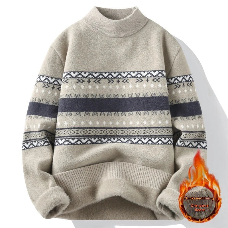 Men's mock neck velvet knit pullover in dark grey, black, and apricot