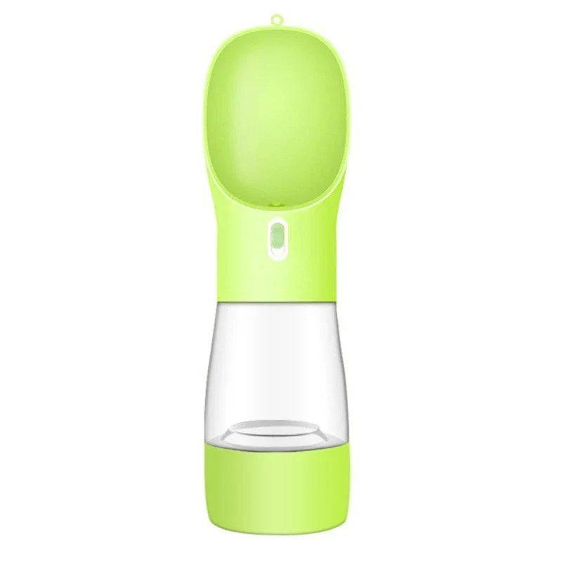 Portable pet water bottle and food bowl made of durable plastic, available in multiple colors for outdoor adventures with your furry friend.
