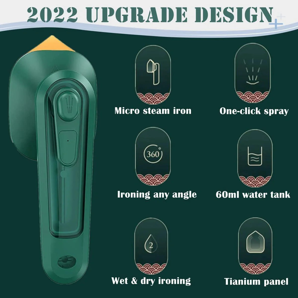 Handheld portable garment ironing machine with super large titanium panel in dark green