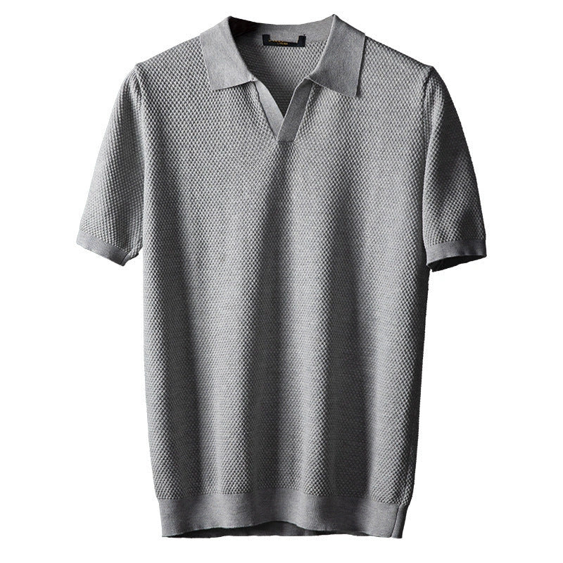 Men's V knit lapel short sleeve top in cotton, available in blue, navy blue, and grey