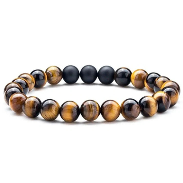 Matte black agate beads and tiger eye couple bracelets with geometric design