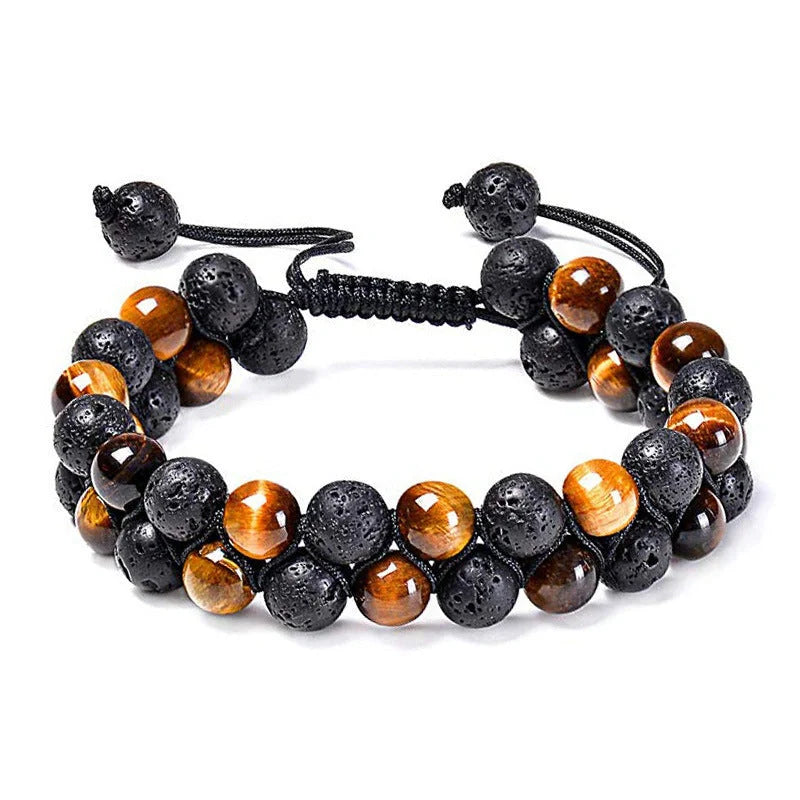 Matte black agate beads and tiger eye couple bracelets with geometric design