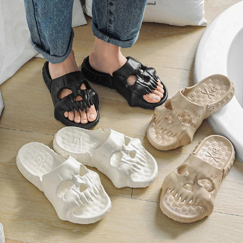 Spooky skull-designed slippers in various colors and sizes for indoor, outdoor, and beach wear