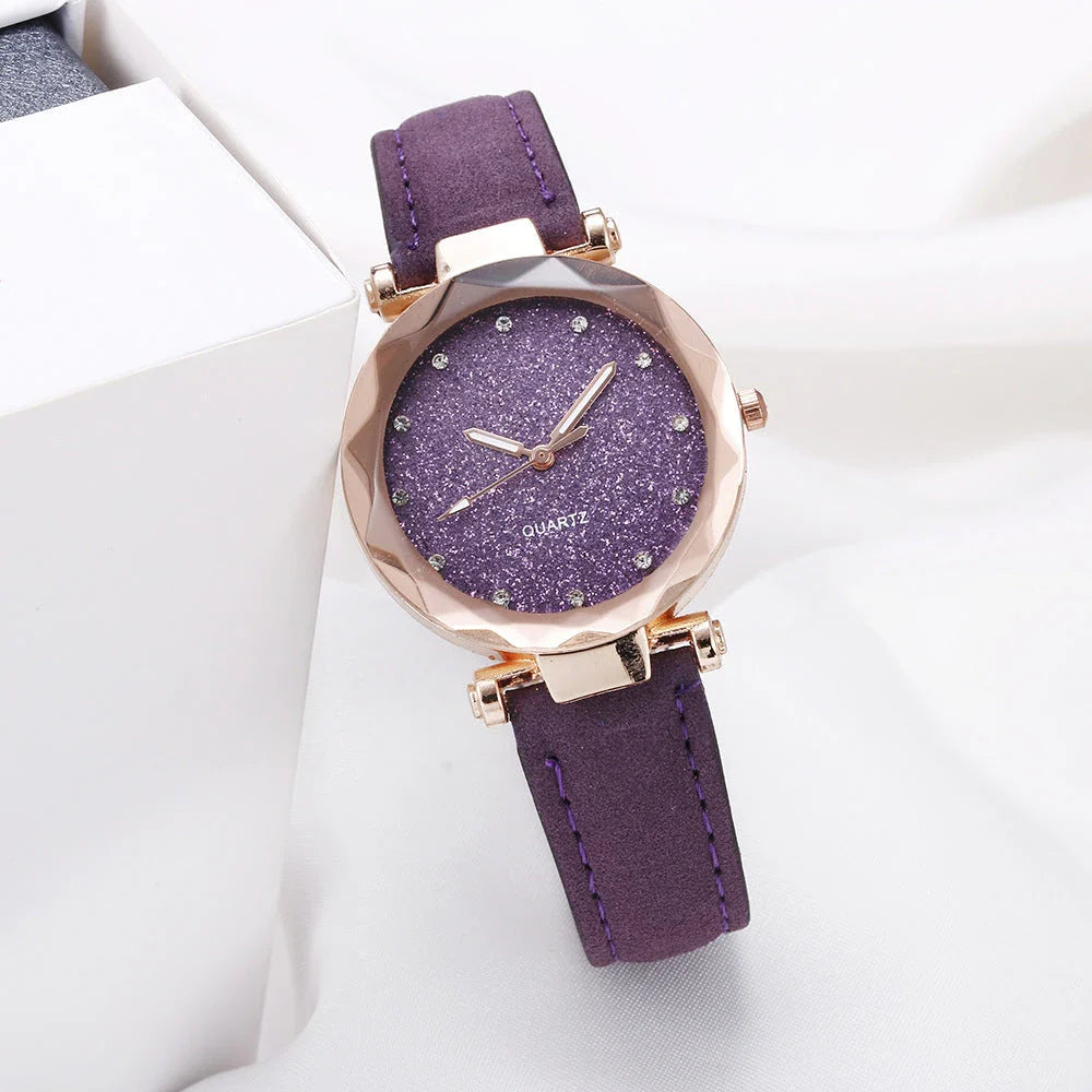 Starry Sky Women's Watch with Rhinestone Accents - Leather Strap in Various Colors