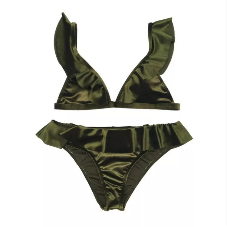 Women's Ice Velvet Ruffle Bikini Set in various colours with chest pad