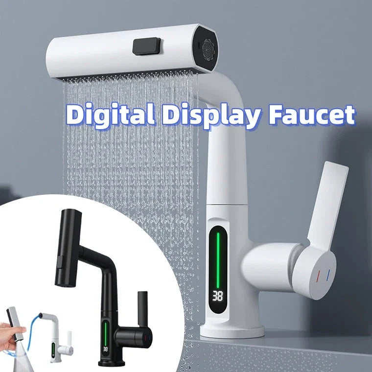 Versatile digital kitchen faucet with temperature display, 360-degree swivel, and pull-out design for enhanced maneuverability and precise water temperature control