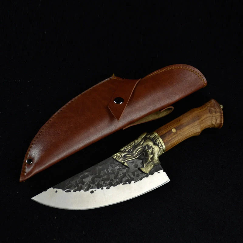Hand-forged slicing knife with rosewood handle and pure copper guard