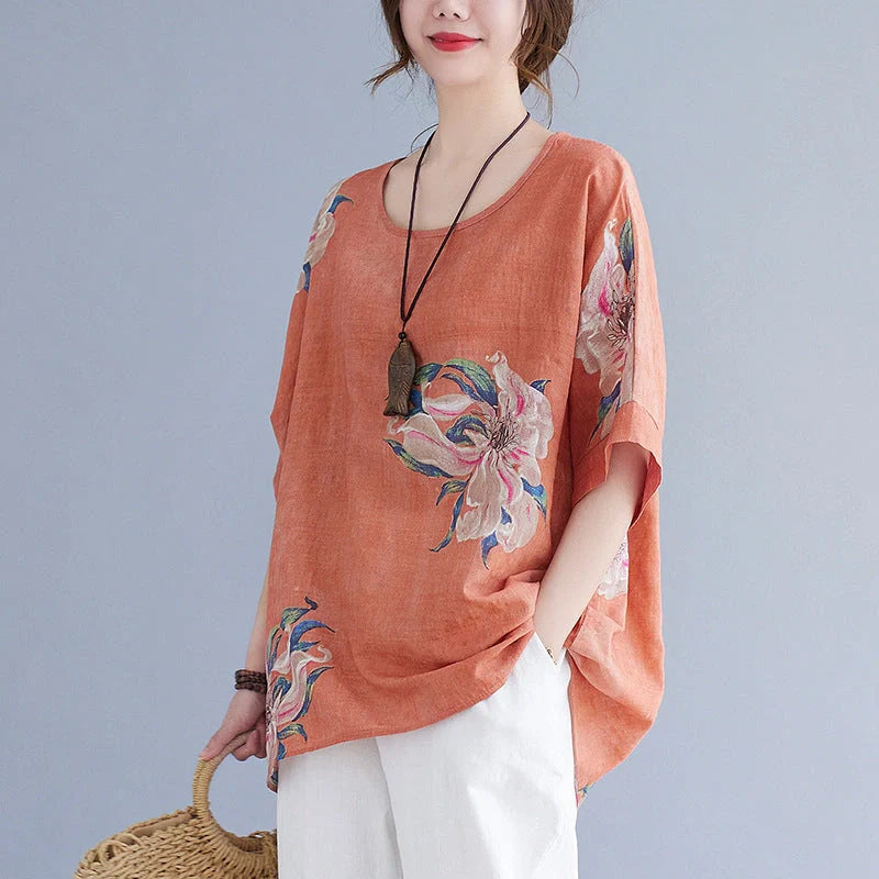 Stylish cotton-blend summer top in yellow and orange colours, featuring a conventional sleeve design and premium natural fabrics
