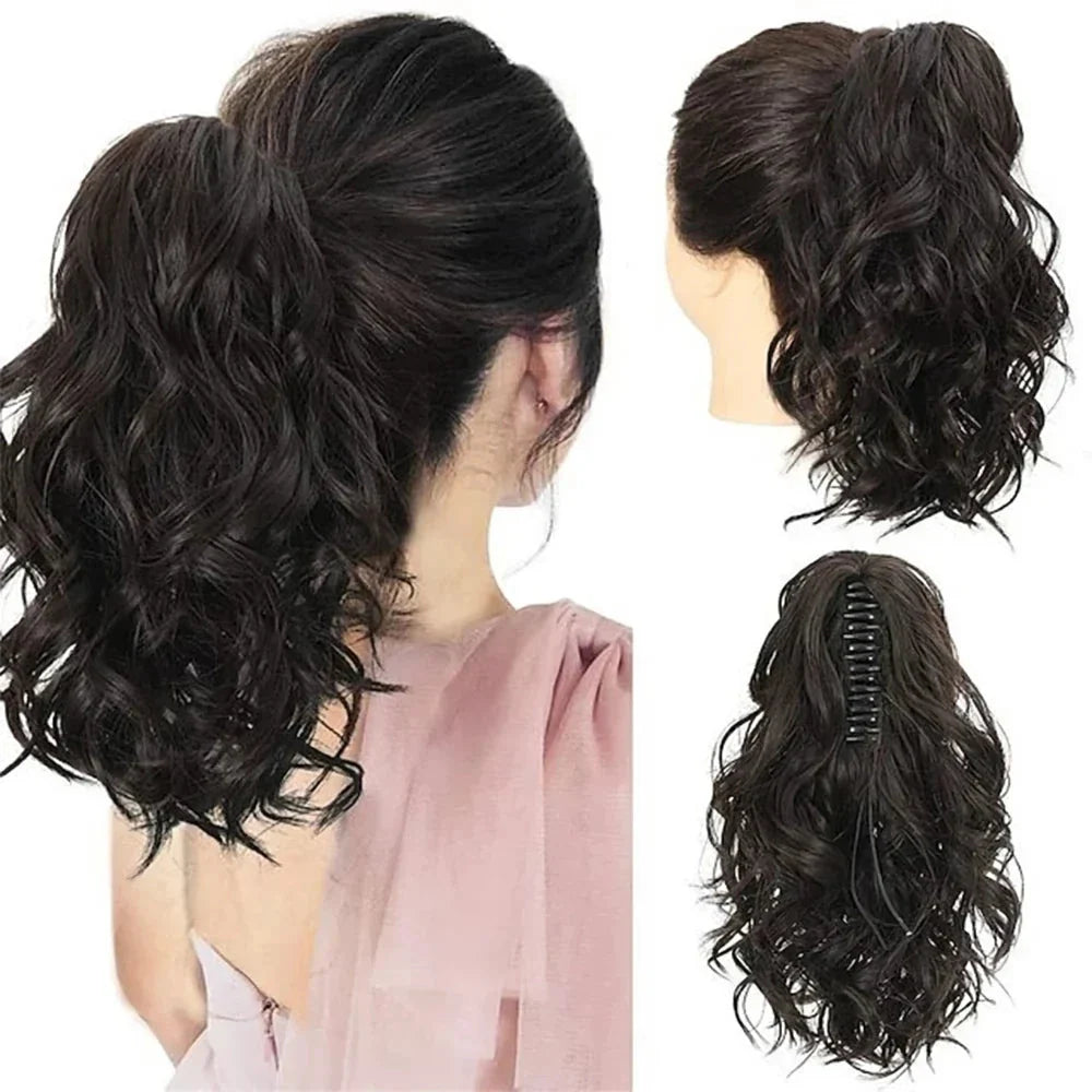A close-up view of the 12-Inch Short Wavy Claw Clip Ponytail Extension in black, showcasing its natural texture and seamless blending capabilities.