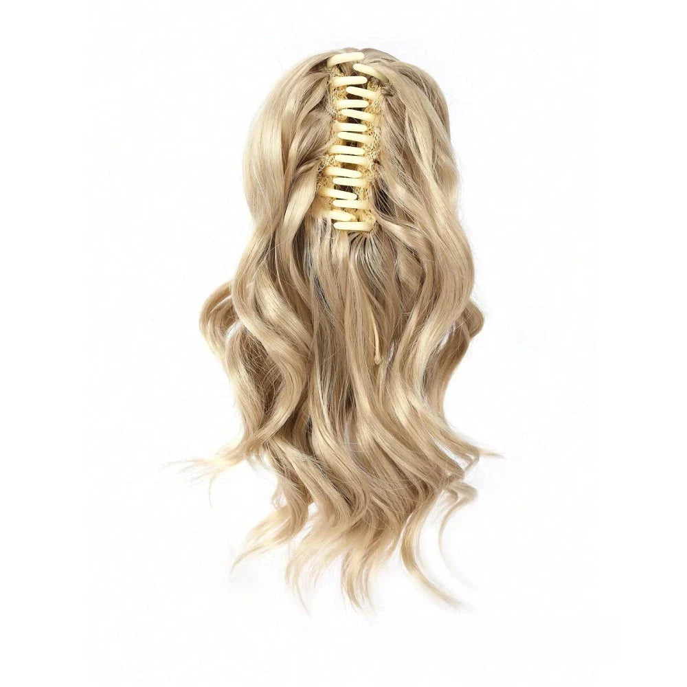 A close-up view of the 12-Inch Short Wavy Claw Clip Ponytail Extension in black, showcasing its natural texture and seamless blending capabilities.