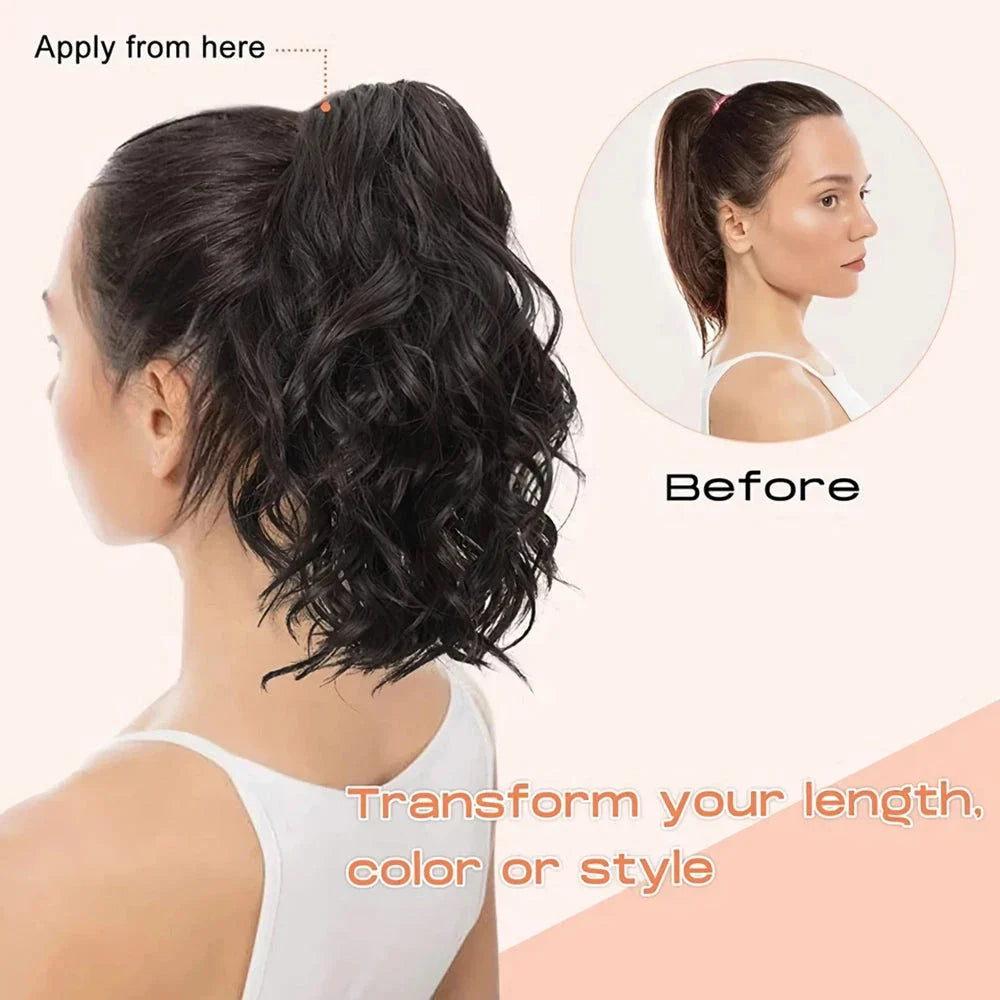 A close-up view of the 12-Inch Short Wavy Claw Clip Ponytail Extension in black, showcasing its natural texture and seamless blending capabilities.