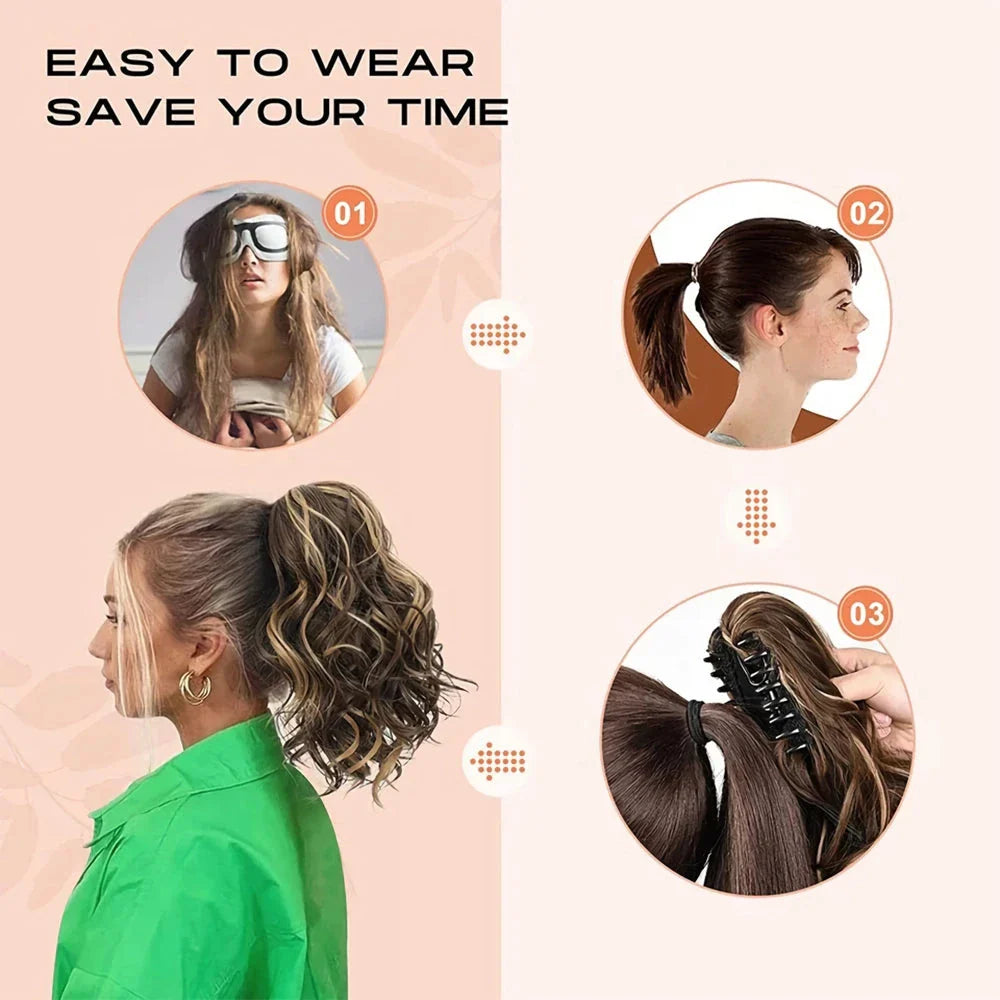 A close-up view of the 12-Inch Short Wavy Claw Clip Ponytail Extension in black, showcasing its natural texture and seamless blending capabilities.