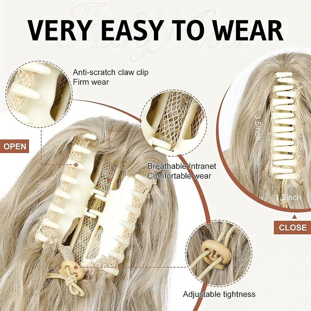 A close-up view of the 12-Inch Short Wavy Claw Clip Ponytail Extension in black, showcasing its natural texture and seamless blending capabilities.
