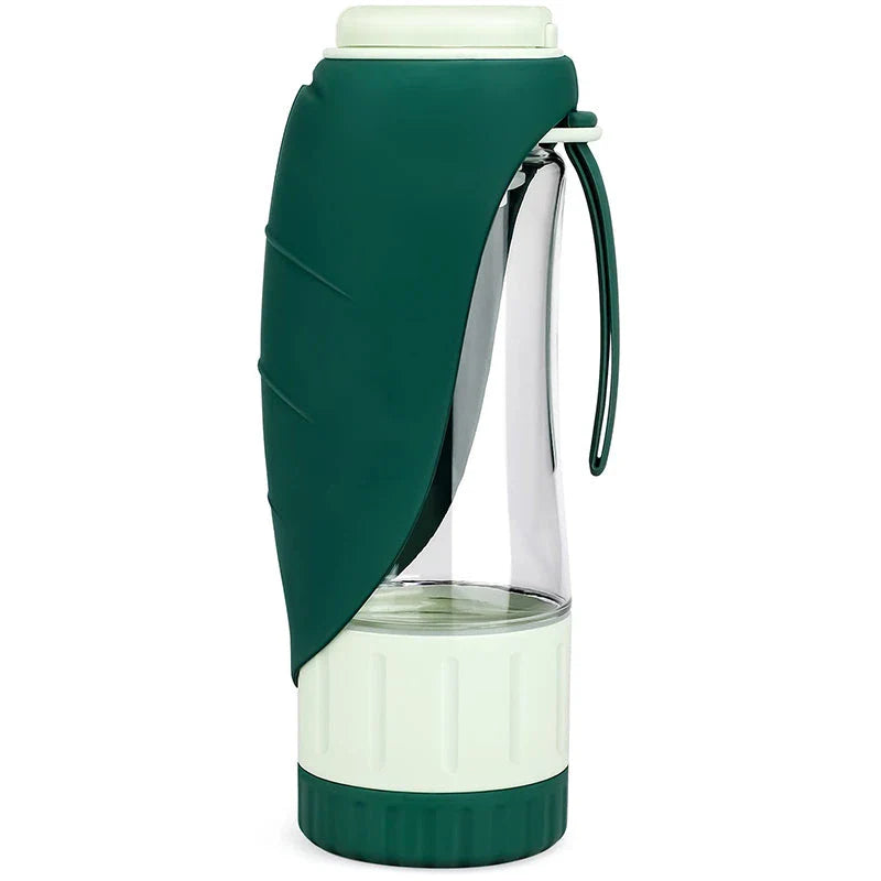 Portable dog water bottle and food container with green colour and compact design
