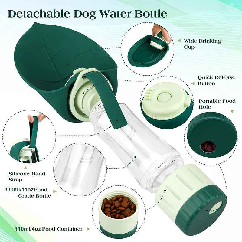 Portable dog water bottle and food container with green colour and compact design