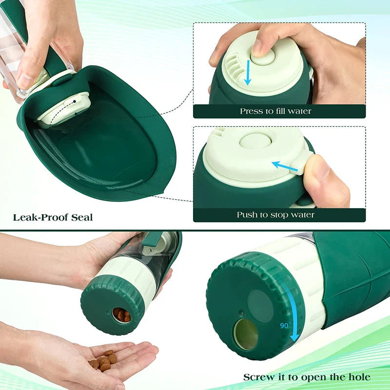 Portable dog water bottle and food container with green colour and compact design
