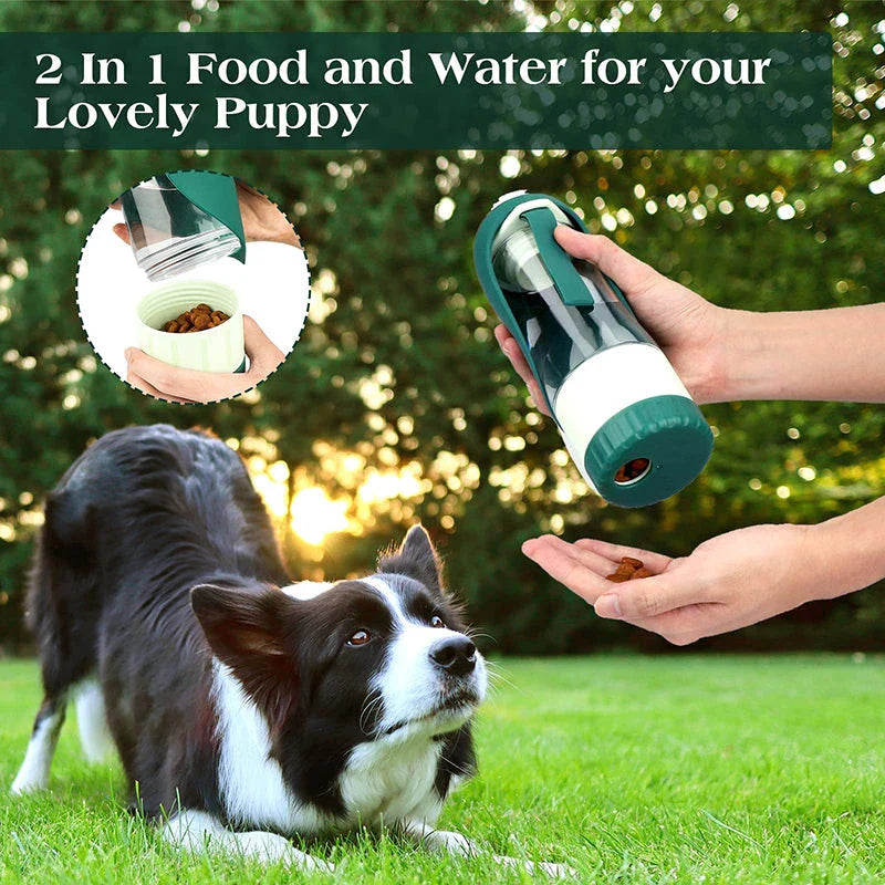 Portable dog water bottle and food container with green colour and compact design