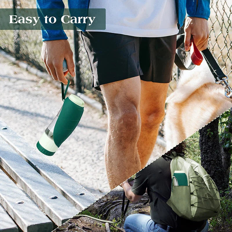 Portable dog water bottle and food container with green colour and compact design