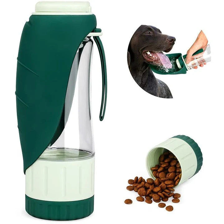Portable dog water bottle and food container with green colour and compact design