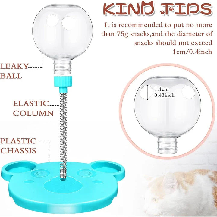 Interactive pet puzzle food ball toy made of durable plastic for cats and dogs, designed to dispense treats and provide mental stimulation.