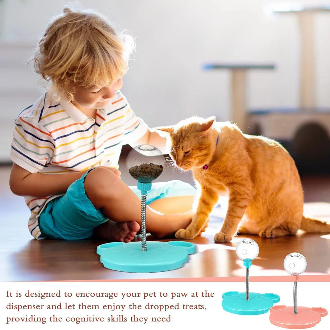 Interactive pet puzzle food ball toy made of durable plastic for cats and dogs, designed to dispense treats and provide mental stimulation.