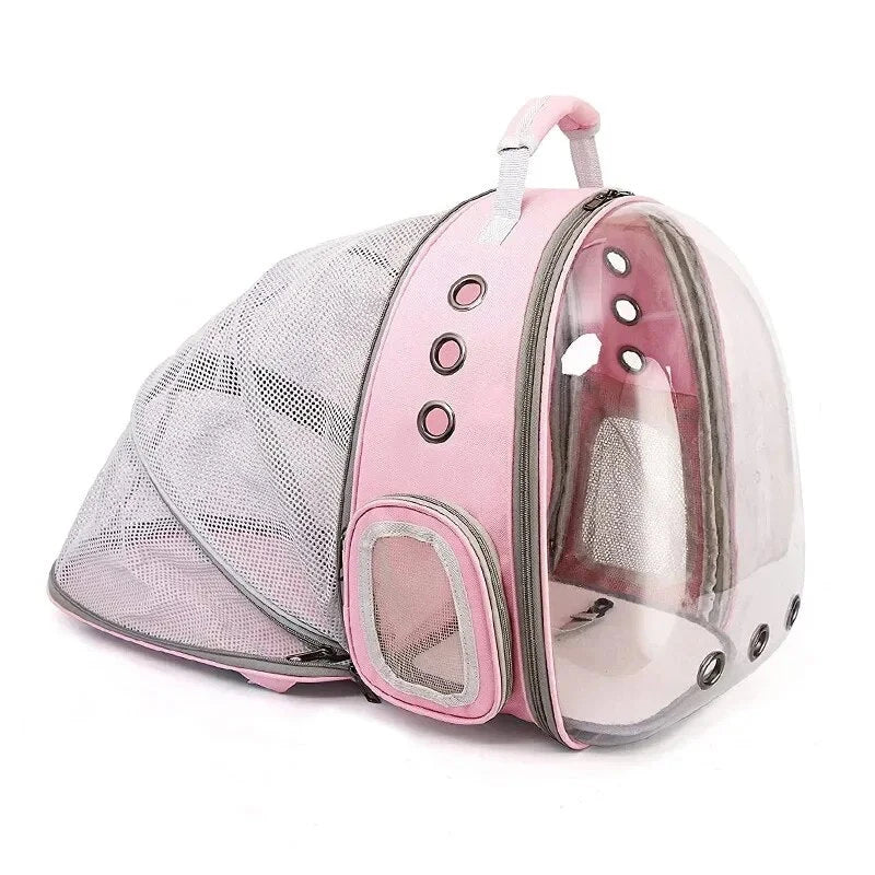 Expandable pet carrier backpack with transparent walls and breathable design for comfortable pet travel