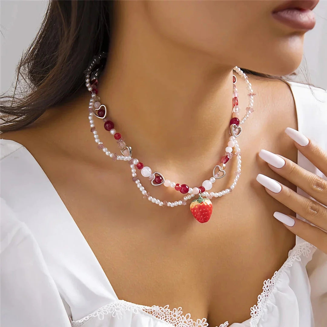 Elegant Strawberry Heart Pearl Choker Necklace with Baroque-Style Simulated Pearls and Vibrant Accents
