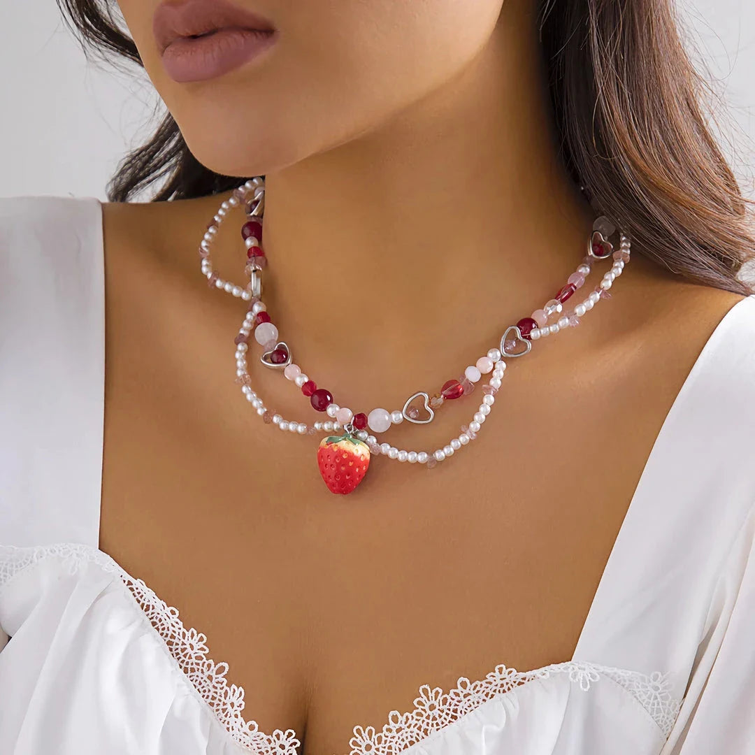 Elegant Strawberry Heart Pearl Choker Necklace with Baroque-Style Simulated Pearls and Vibrant Accents