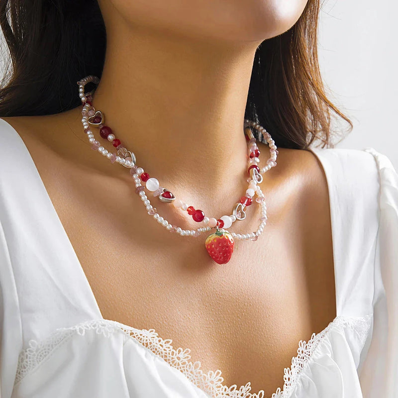 GiftHome_UK Elegant Strawberry Heart Pearl Choker Necklace