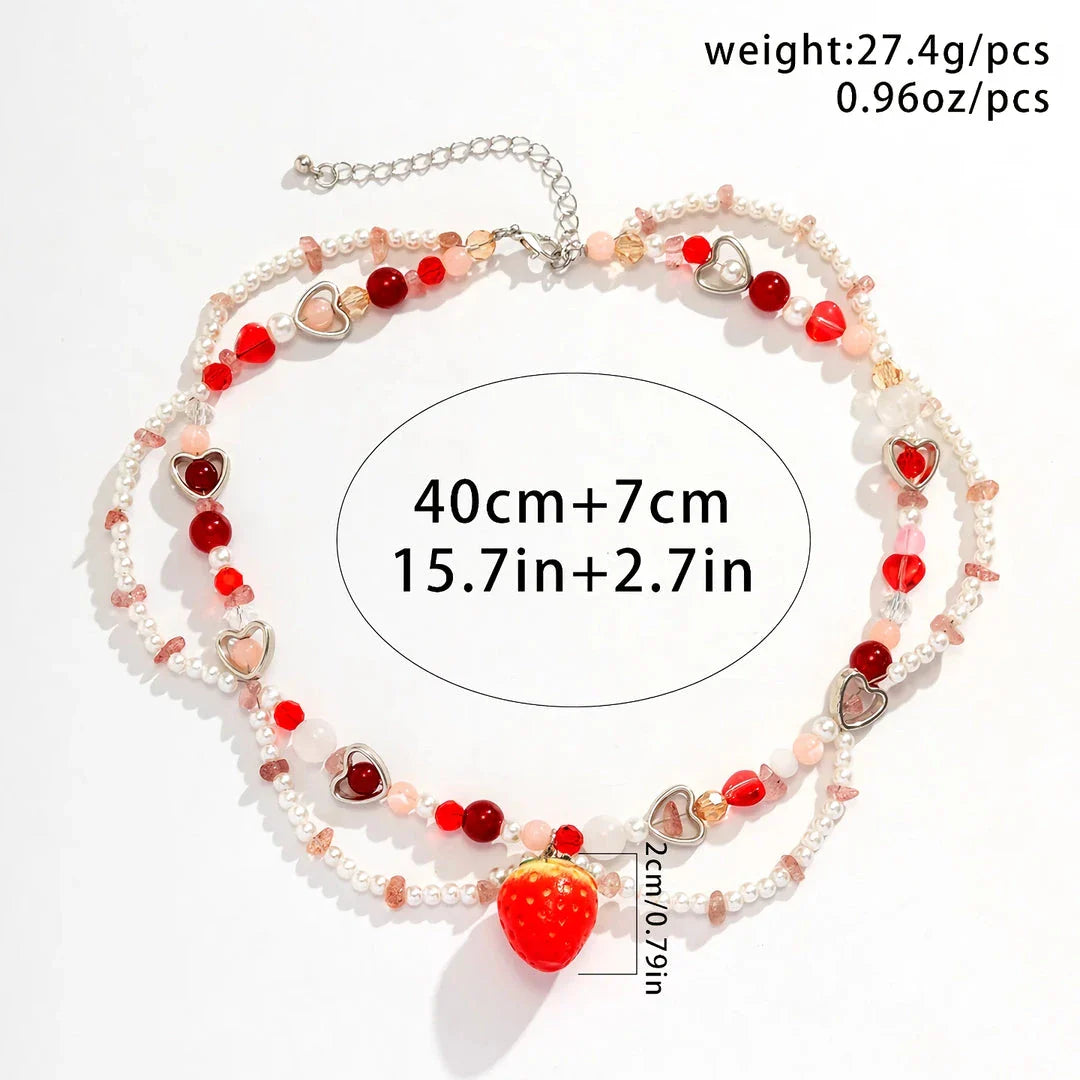 Elegant Strawberry Heart Pearl Choker Necklace with Baroque-Style Simulated Pearls and Vibrant Accents