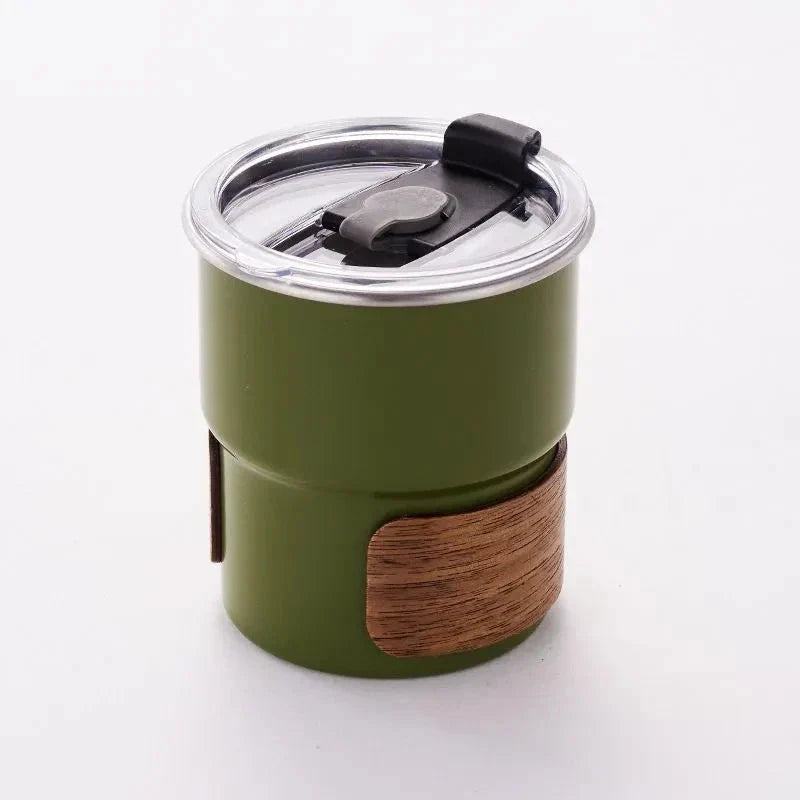Portable stainless steel camping coffee mug with wooden lid and splash-proof design