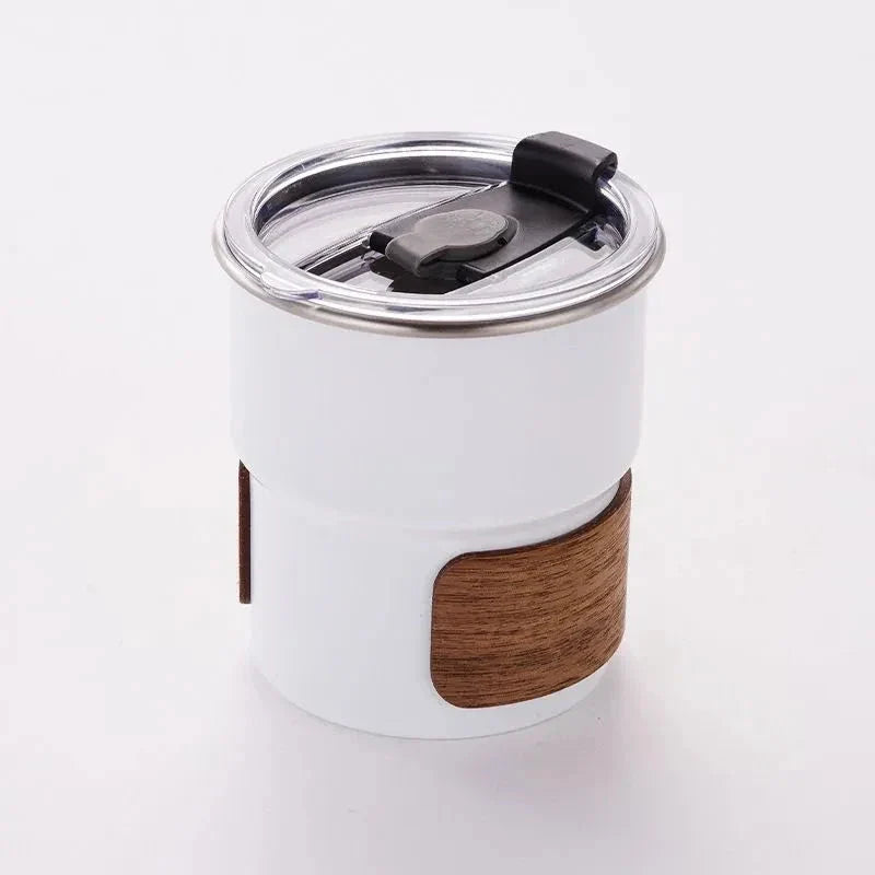 Portable stainless steel camping coffee mug with wooden lid and splash-proof design