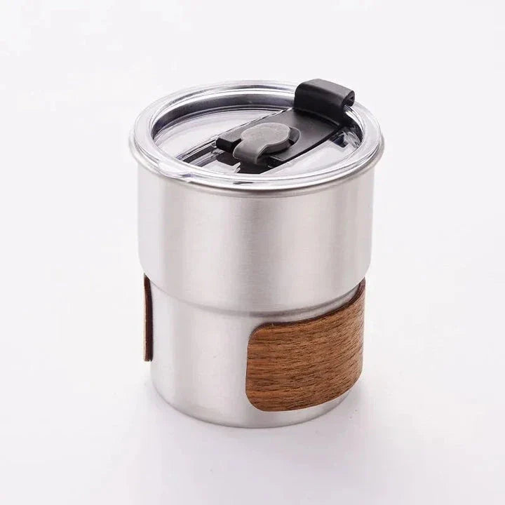 Portable stainless steel camping coffee mug with wooden lid and splash-proof design