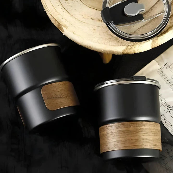 Portable stainless steel camping coffee mug with wooden lid and splash-proof design