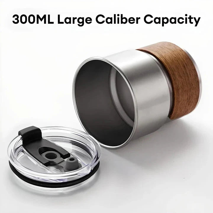 Portable stainless steel camping coffee mug with wooden lid and splash-proof design
