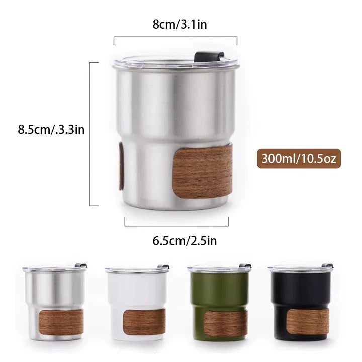 Portable stainless steel camping coffee mug with wooden lid and splash-proof design