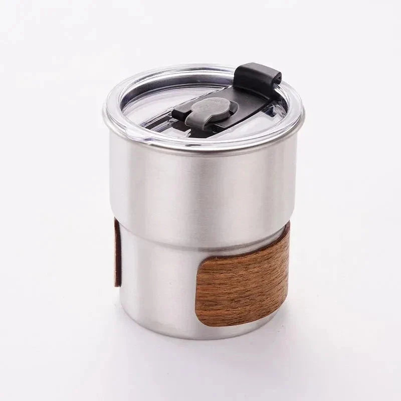 Portable stainless steel camping coffee mug with wooden lid and splash-proof design