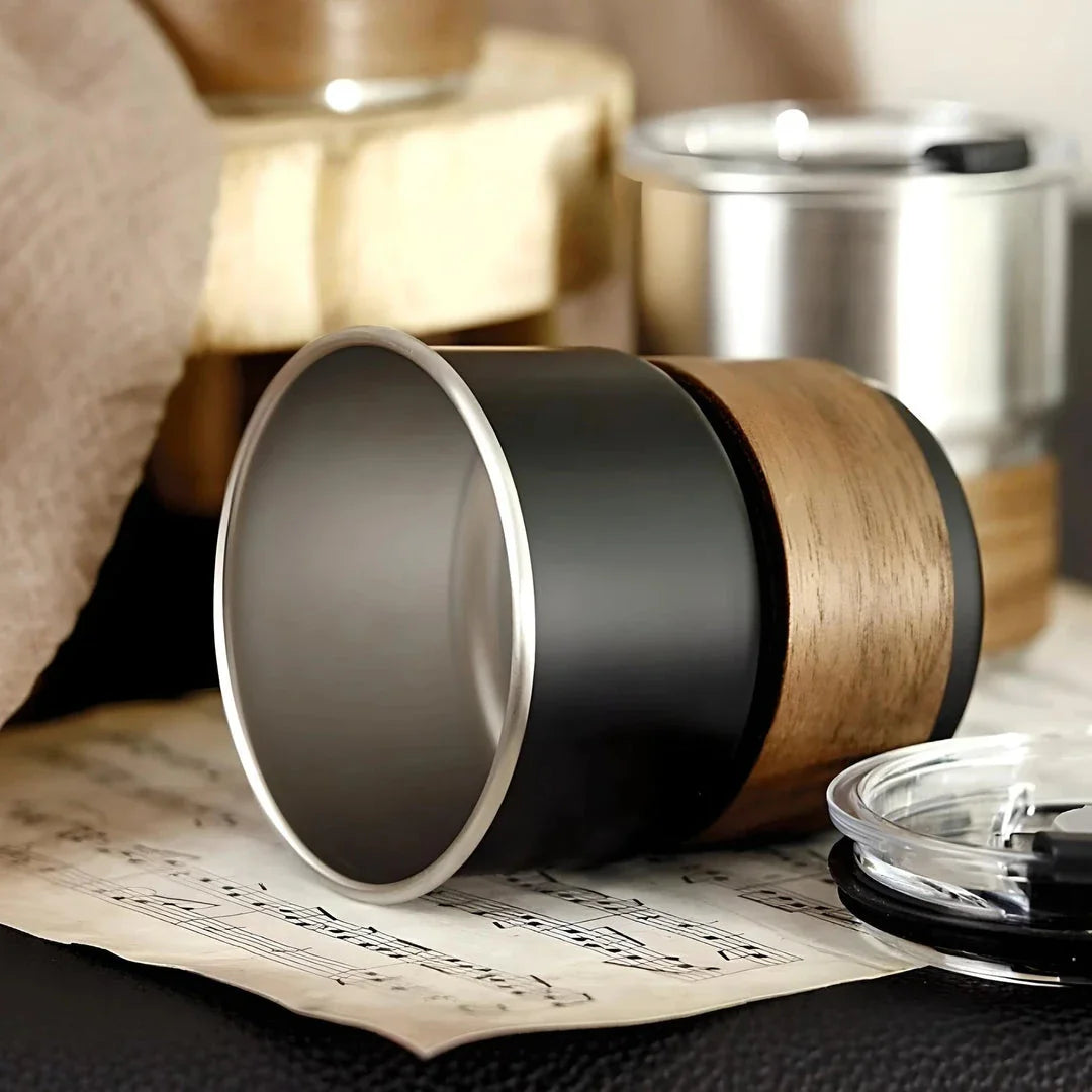 Portable stainless steel camping coffee mug with wooden lid and splash-proof design